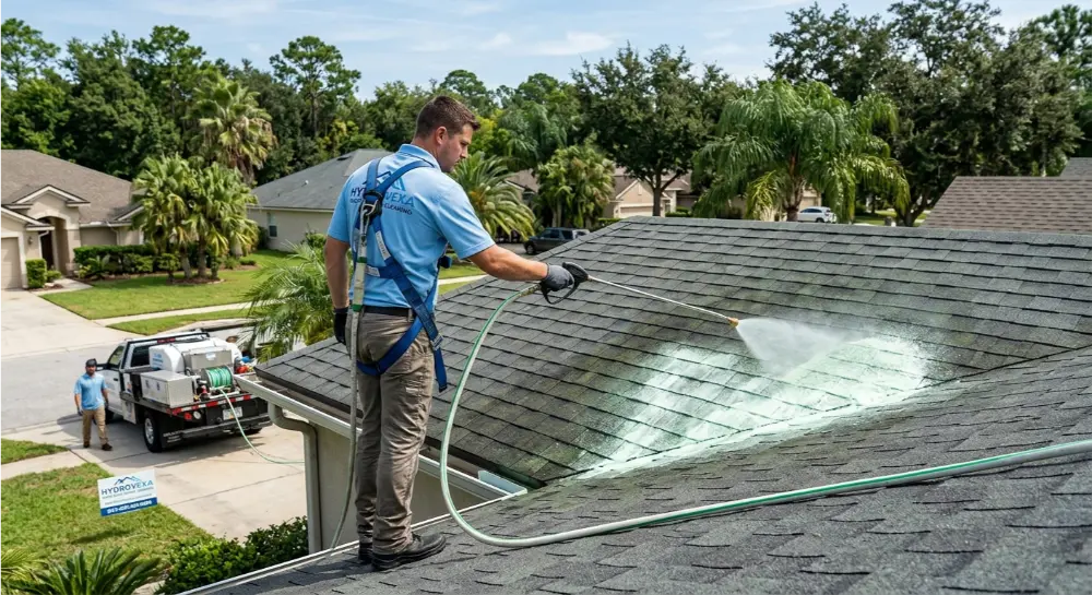A HydroVexa technician in safety gear uses a low-pressure wand to apply a soft wash cleaning solution to an asphalt shingle roof on a sunny day in Jacksonville, Florida.