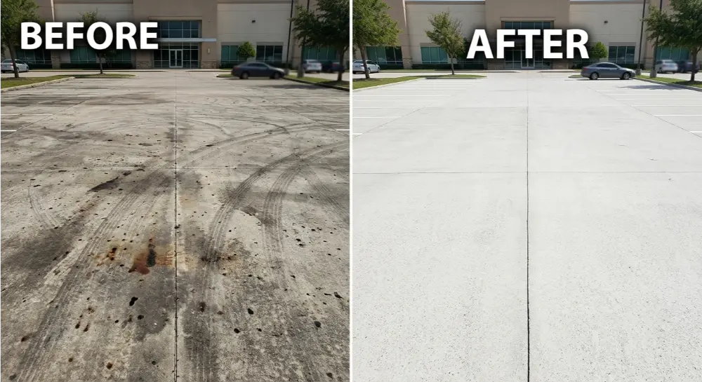 A before-and-after comparison showing a stained commercial concrete parking lot cleaned to a bright, spotless finish