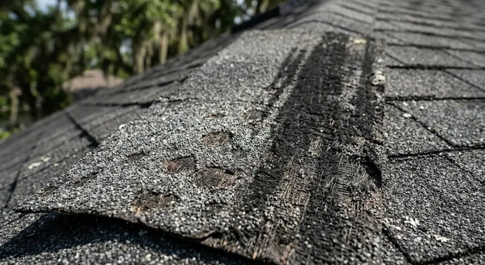 A close-up photograph of severely damaged and peeling asphalt roof shingles, showing significant granule loss, exposed fiberglass matting, and heavy black streaking or burn marks.