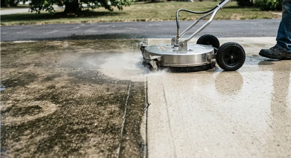 A person operating a walk-behind pressure washer with a surface cleaner attachment on a concrete driveway.
