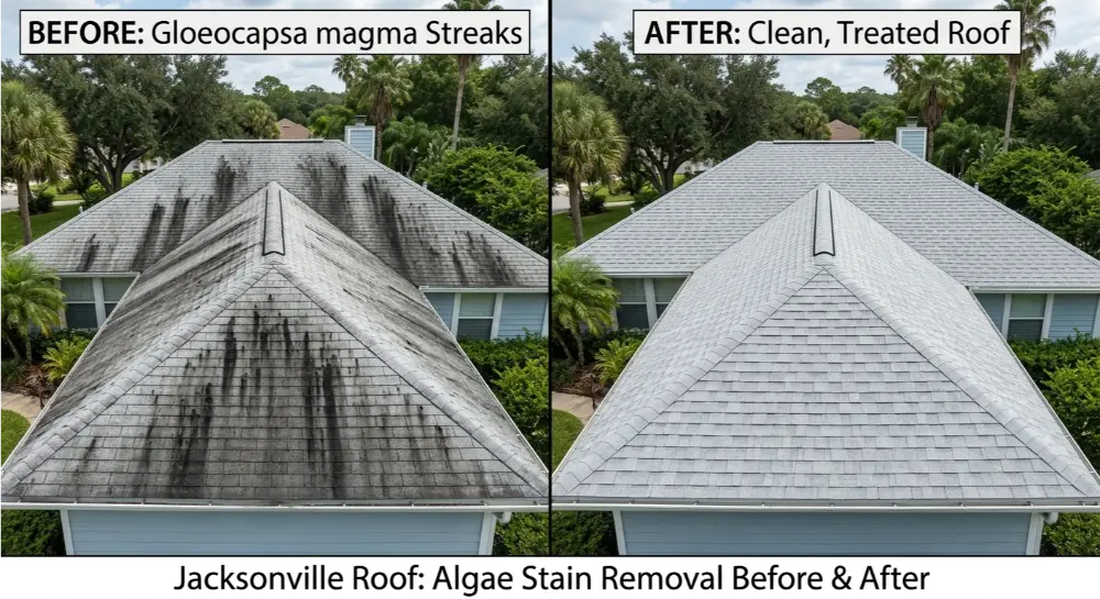 A split-screen comparison showing a roof with heavy black algae stains on the left and a clean, stain-free roof on the right after treatment