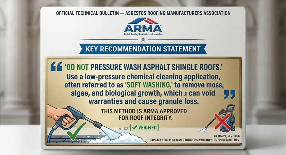 ARMA technical bulletin recommending low-pressure soft washing for asphalt roofs instead of pressure washing.