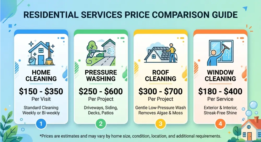 An infographic comparison guide showing estimated price ranges for home cleaning, pressure washing, roof cleaning, and window cleaning services