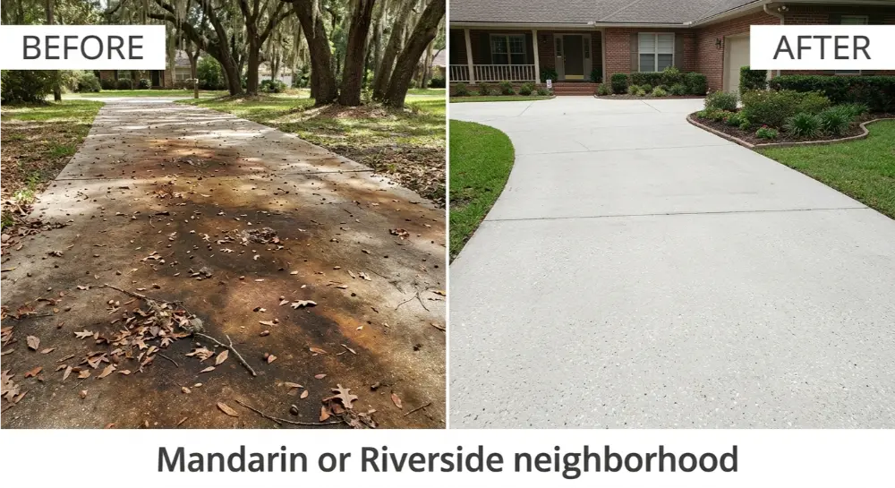 Before and after photos of a concrete driveway cleaning in a Jacksonville neighborhood, showing tannin stain removal