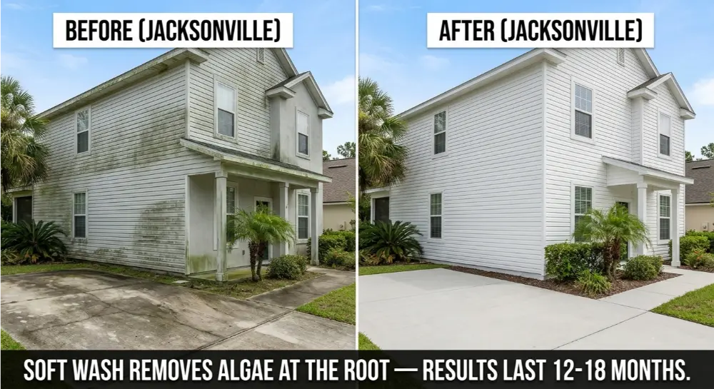 Before and after photos of a house showing dirty vs. clean siding and driveway, with text explaining that soft washing removes algae at the root for long-lasting results.