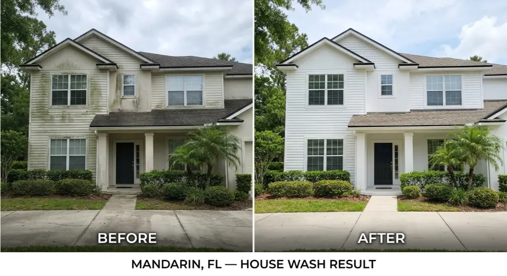 Before and after photos of a house wash in Mandarin, FL, showing the removal of mold from siding