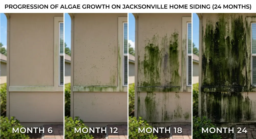 Four-panel progression showing light green algae growth on stucco at 6 months turning into heavy black coverage by 24 months.