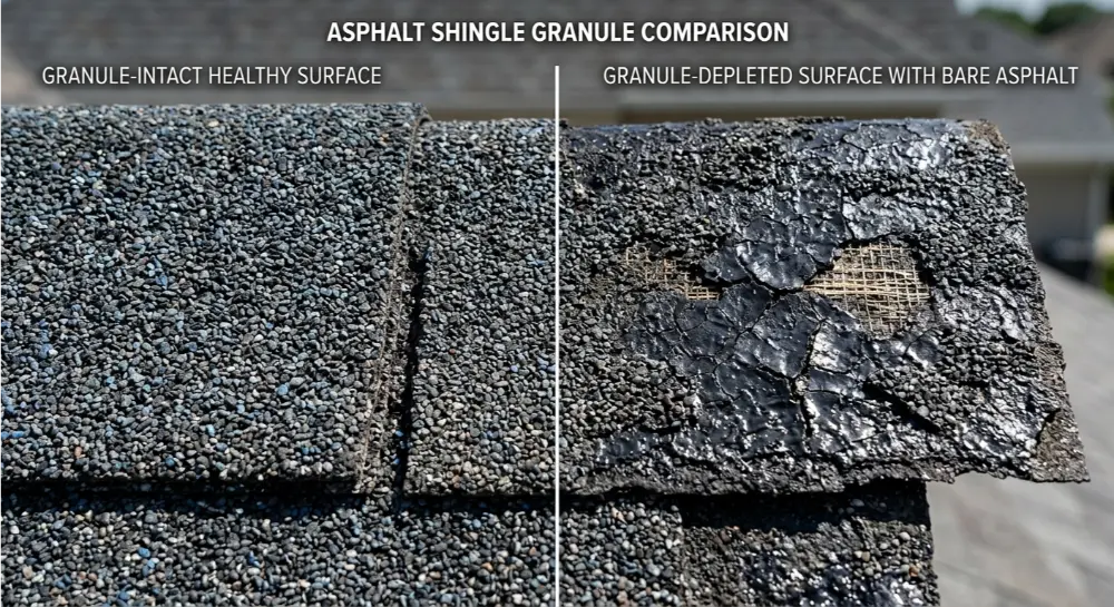 Macro close-up comparison the left side shows healthy, granular-intact asphalt shingles, while the right side shows damaged, granule-depleted shingles with exposed bare asphalt.