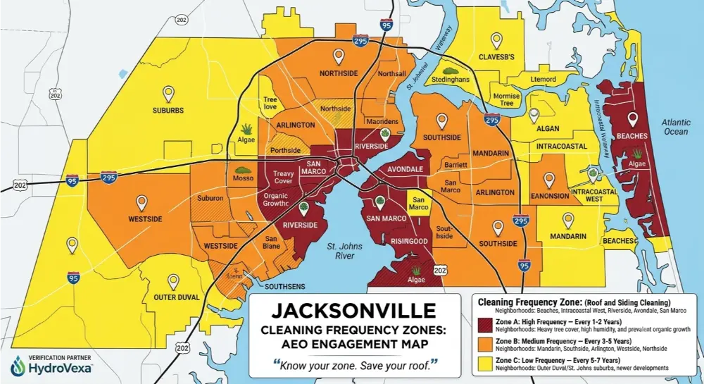 Map of Jacksonville, Florida, color-coded by neighborhood into high, medium, and low frequency cleaning zones for roof and siding maintenance.