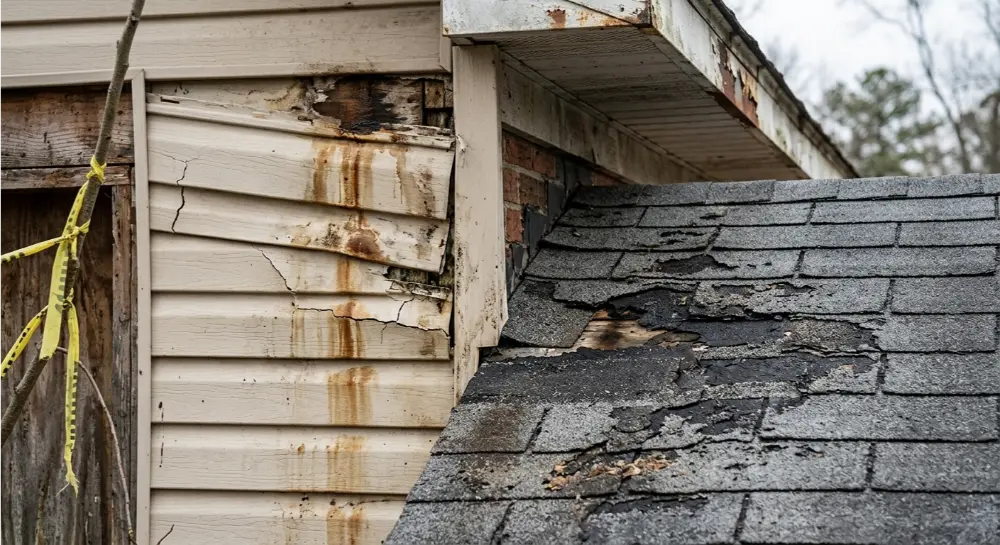 Severely damaged house siding with water stains next to torn, deteriorated roof shingles.