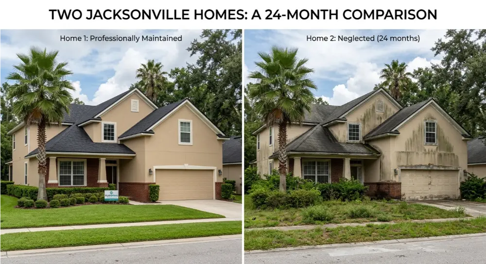 Side-by-side comparison of a clean, well-maintained Jacksonville home versus an identical neglected home covered in black mold after 24 months.