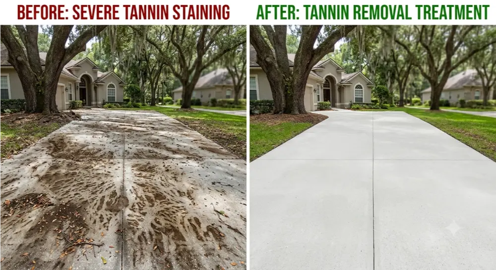 Side-by-side comparison of a driveway with severe tannin staining <a href=