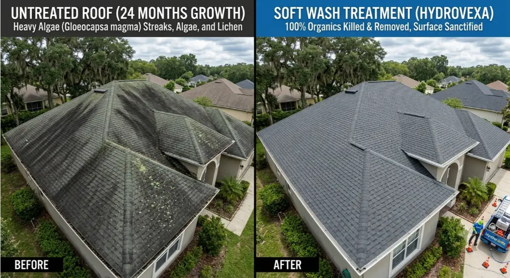 Side-by-side comparison of an untreated roof with heavy algae streaks (before) and a clean roof after soft wash treatment (after).