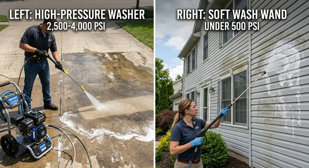Side-by-side comparison of high-pressure washing a concrete driveway versus soft washing house siding.