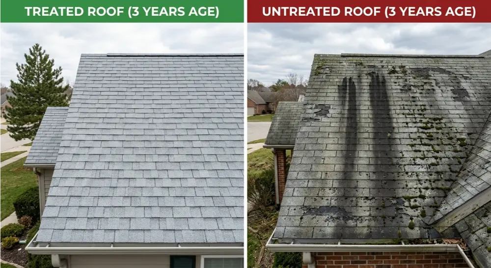 Side-by-side comparison of two 3-year-old roofs a clean treated roof versus a streaked, damaged untreated roof.