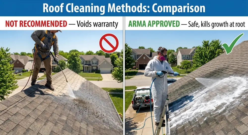 Split comparison showing pressure washing damage on roof versus safe soft wash application