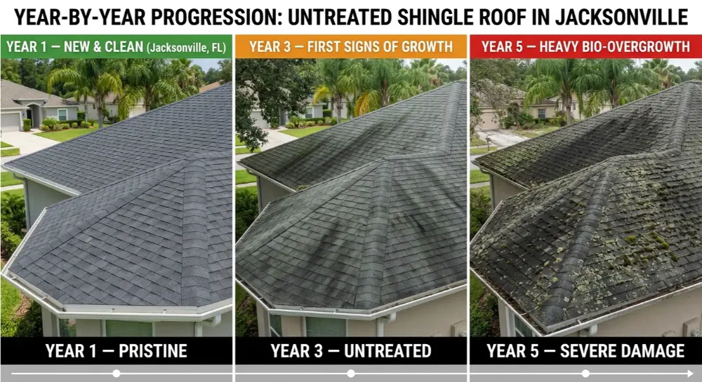 Three-panel comparison of an untreated Jacksonville shingle roof showing the progression from new (Year 1) to severe moss and algae overgrowth (Year 5).