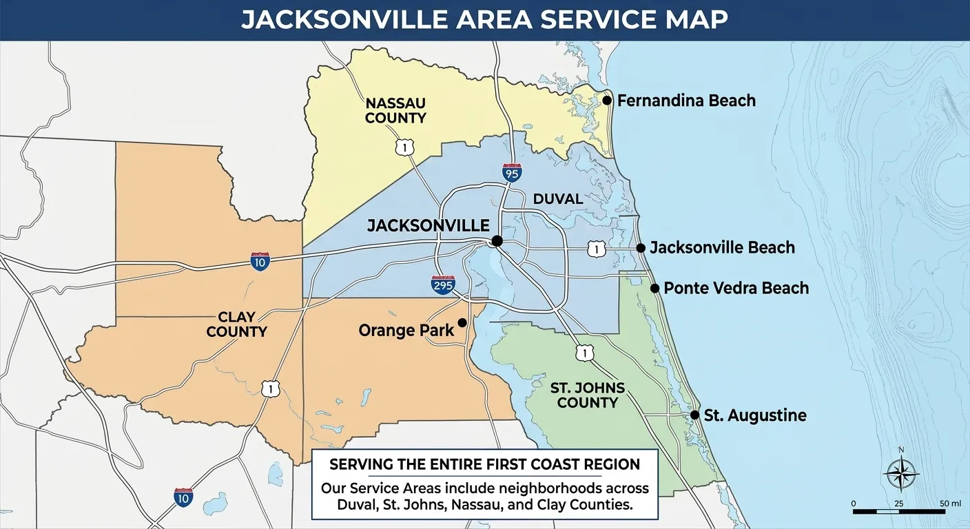 Pressure washing service area Jacksonville FL map Duval St Johns Nassau Clay County