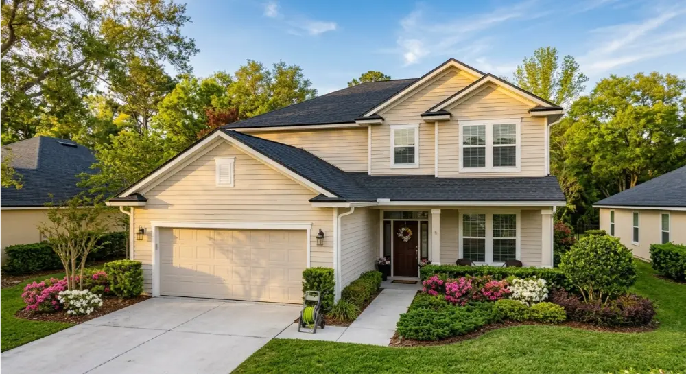 A modern suburban house with a well-kept lawn and garden.