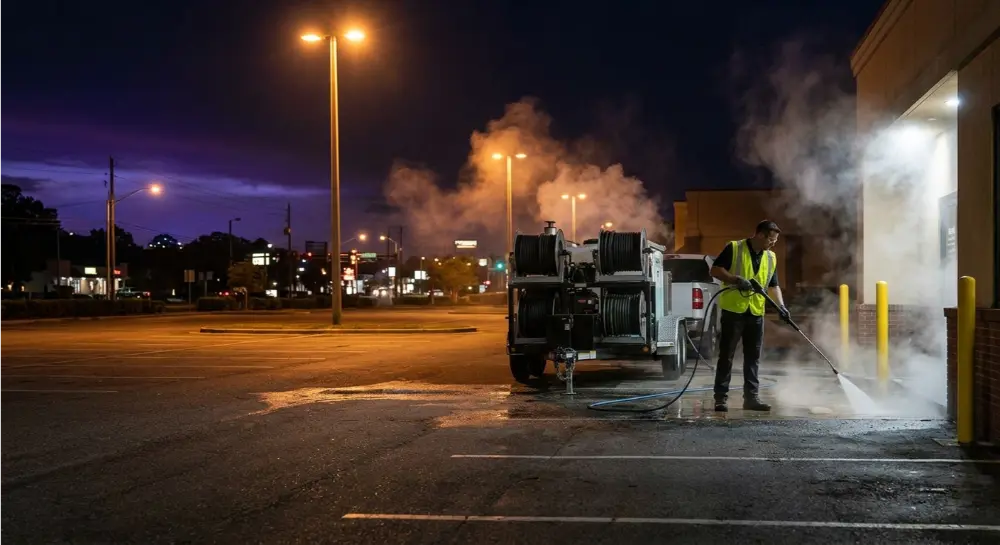 After-hours restaurant pressure washing Jacksonville FL — grease pad cleaning before business opens