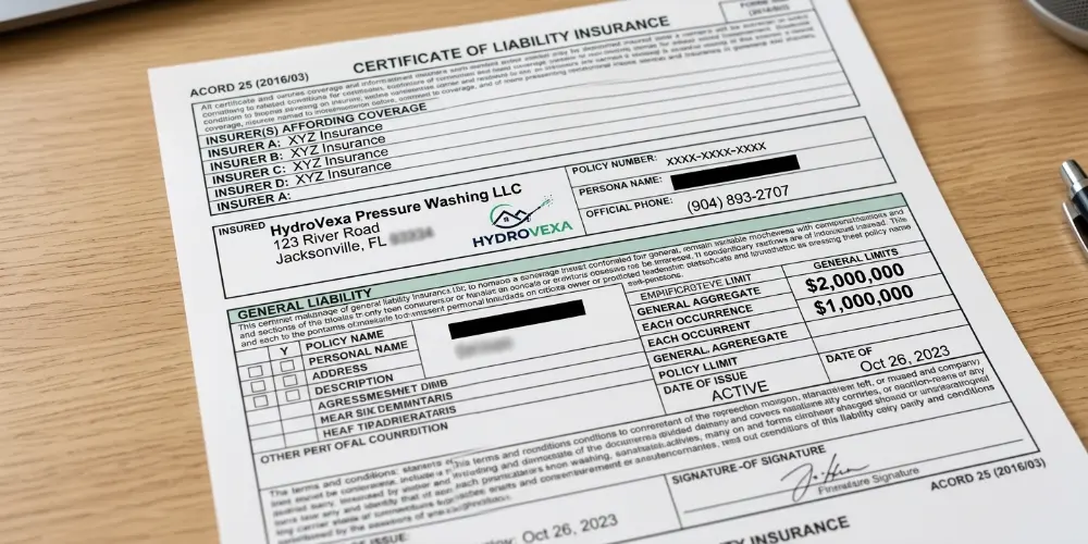 Certificate of liability insurance pressure washing Jacksonville FL — $2M general liability