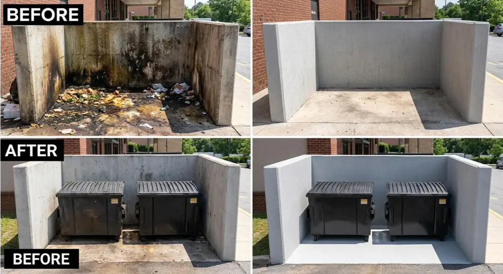 Dumpster enclosure pressure washing before after Jacksonville FL — health code compliance