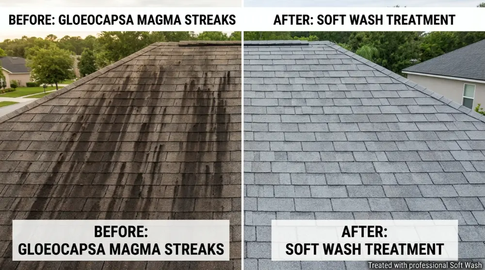 Gloeocapsa magma black streaks Jacksonville FL roof before soft wash removal — the problem soft washing solves