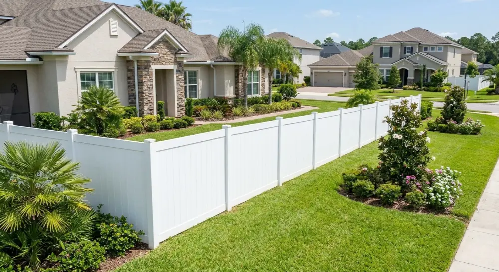 HOA compliant white vinyl fence after soft wash Jacksonville FL — Nocatee community