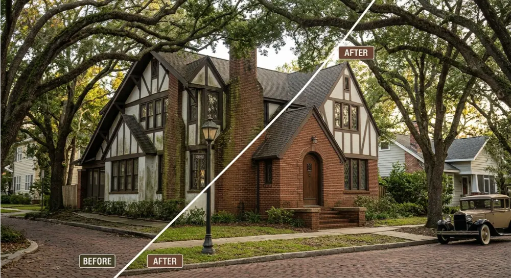 Historic brick craftsman soft wash before after — Riverside Jacksonville FL 32204