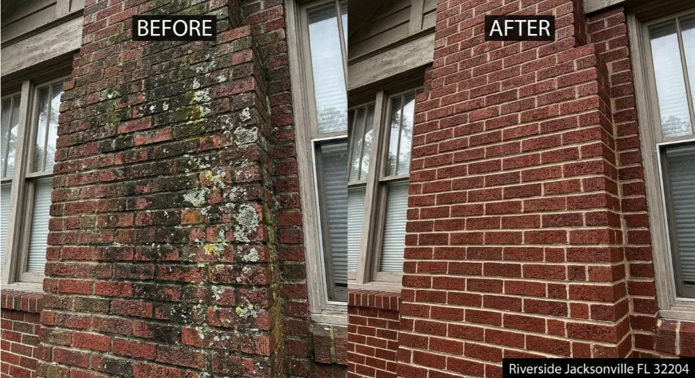 Historic brick soft wash before after — Riverside Jacksonville FL 32204 HydroVexa