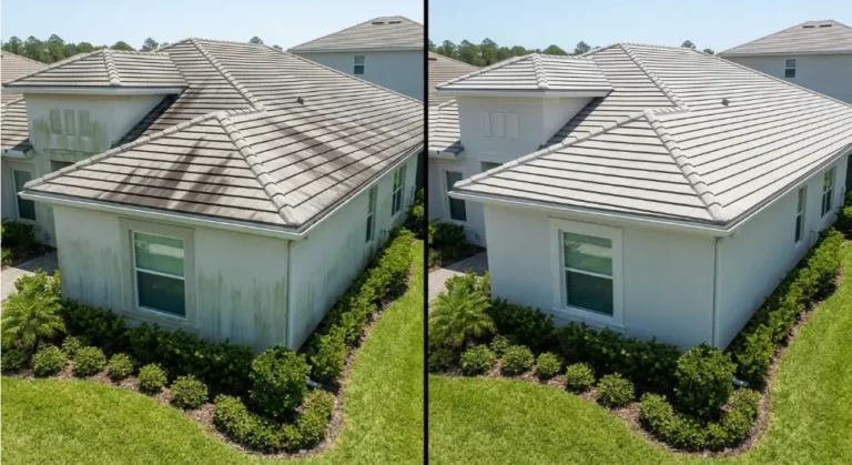Nocatee FL soft wash before after — tile roof Gloeocapsa magma removed, 32081