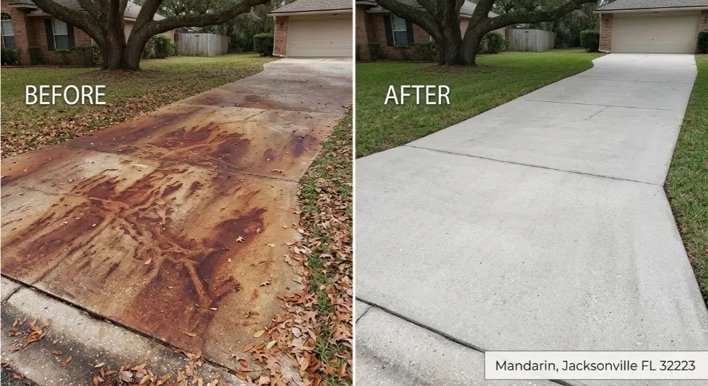Oak tannin driveway cleaning before after Mandarin
