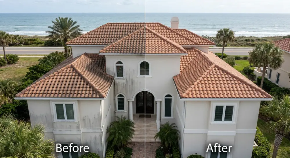 Ponte Vedra Beach FL coastal soft wash before after — salt air algae removed, 32082
