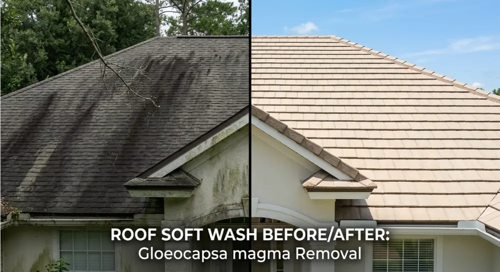 Roof soft wash before after Jacksonville FL — Gloeocapsa magma removed pre-listing curb appeal