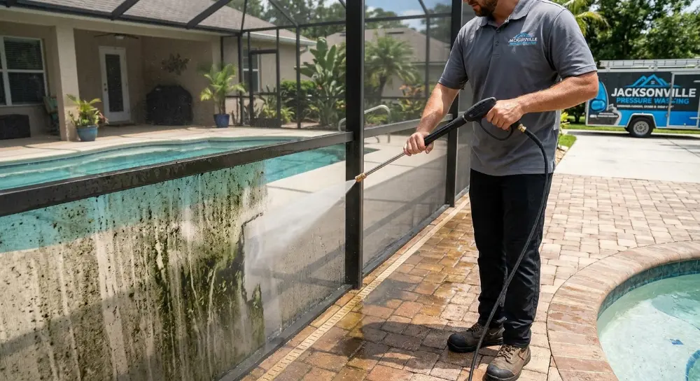 Screen enclosure cleaning process Jacksonville FL soft wash