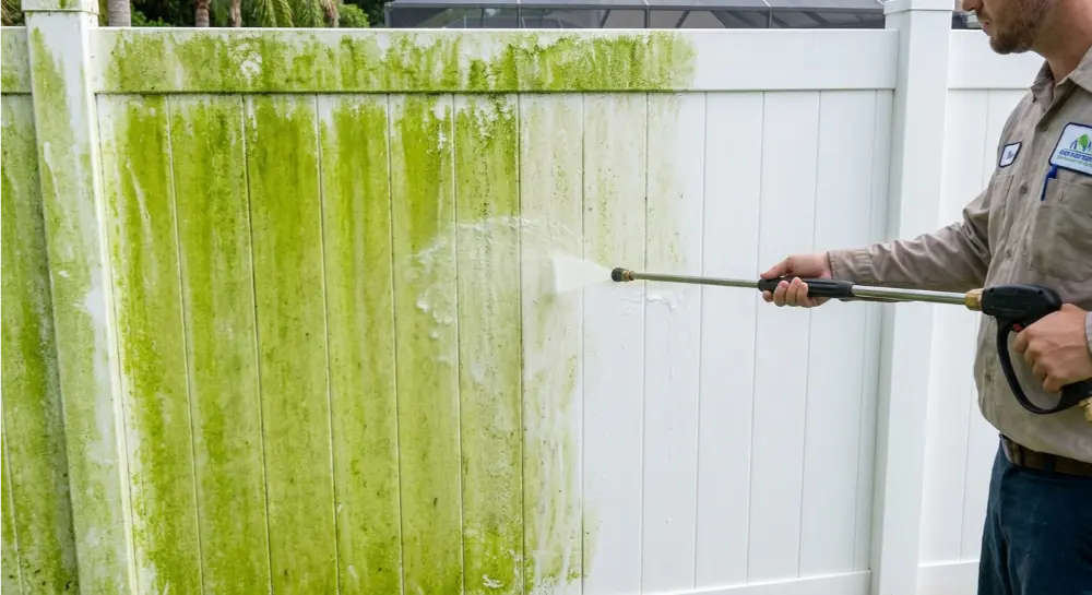 Soft wash application vinyl fence Jacksonville FL — low pressure sodium hypochlorite treatment