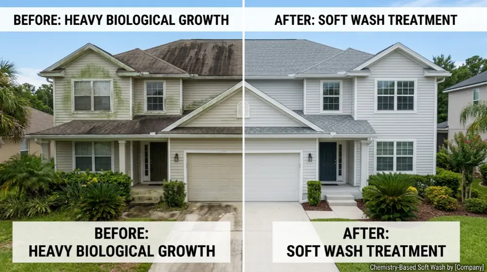 Soft wash exterior cleaning before after Jacksonville FL — full home biological growth removed