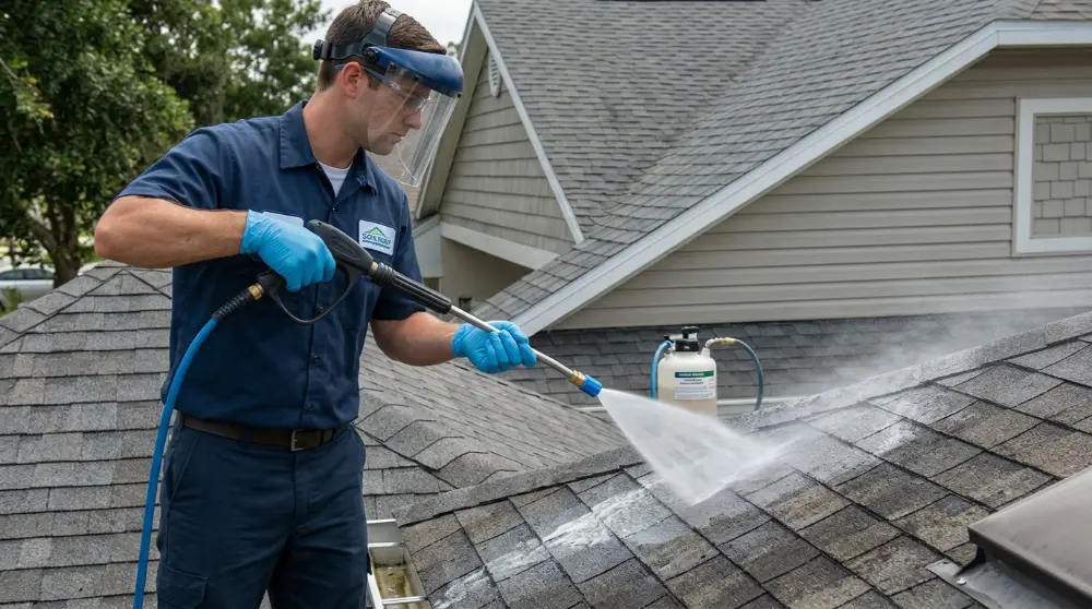 Soft wash sodium hypochlorite application Jacksonville FL — professional exterior cleaning process
