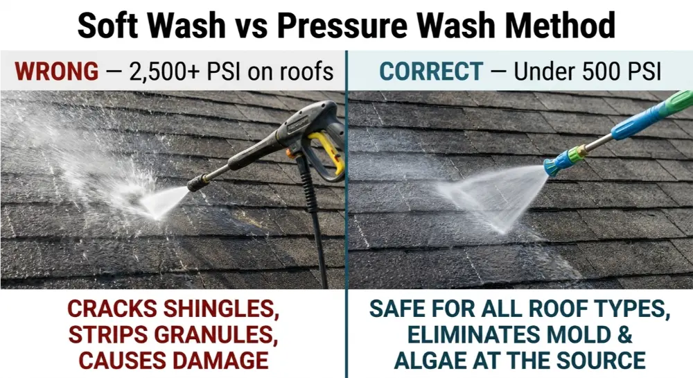 Soft wash vs high pressure washing comparison — roof cleaning method Jacksonville FL