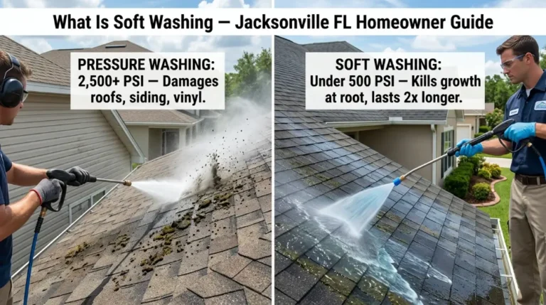 Soft washing vs pressure washing comparison Jacksonville FL — low pressure chemistry vs high pressure