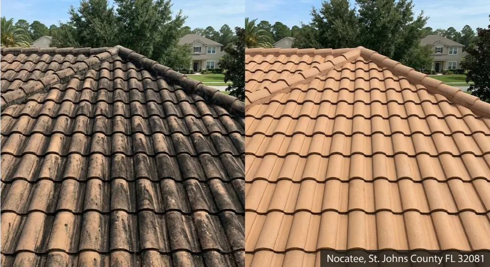Tile roof Gloeocapsa magma soft wash before after — Nocatee Jacksonville FL 32081 HydroVexa