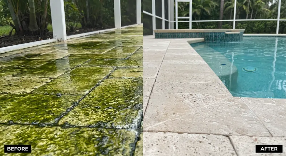 Travertine pool deck soft wash Jacksonville FL — pH-neutral chemistry required before after