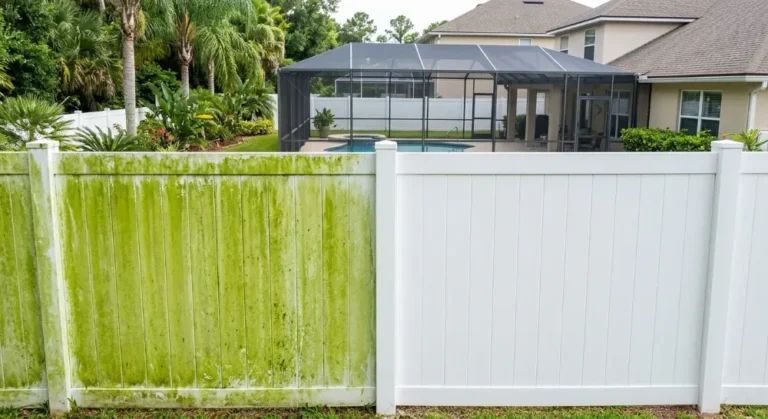 Vinyl fence soft wash before after Jacksonville FL — green algae removed, restored to white