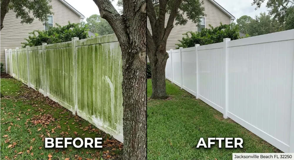 Vinyl fence soft wash before after — Jacksonville Beach FL 32250 HydroVexa