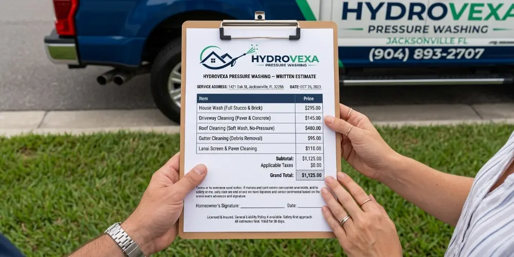 Written pressure washing estimate document Jacksonville FL — itemized pricing before work begins"