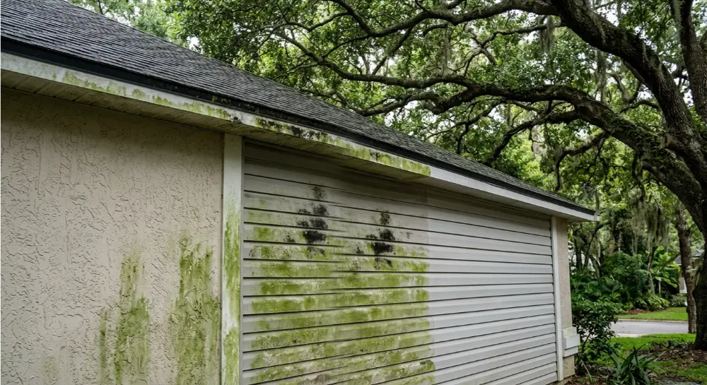 Green algae on home siding under live oak canopy — Mandarin Jacksonville FL