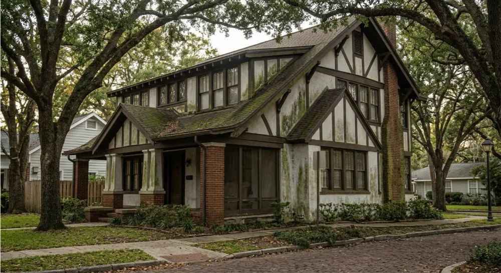 Historic Riverside Jacksonville FL craftsman bungalow with biological growth on brick exterior