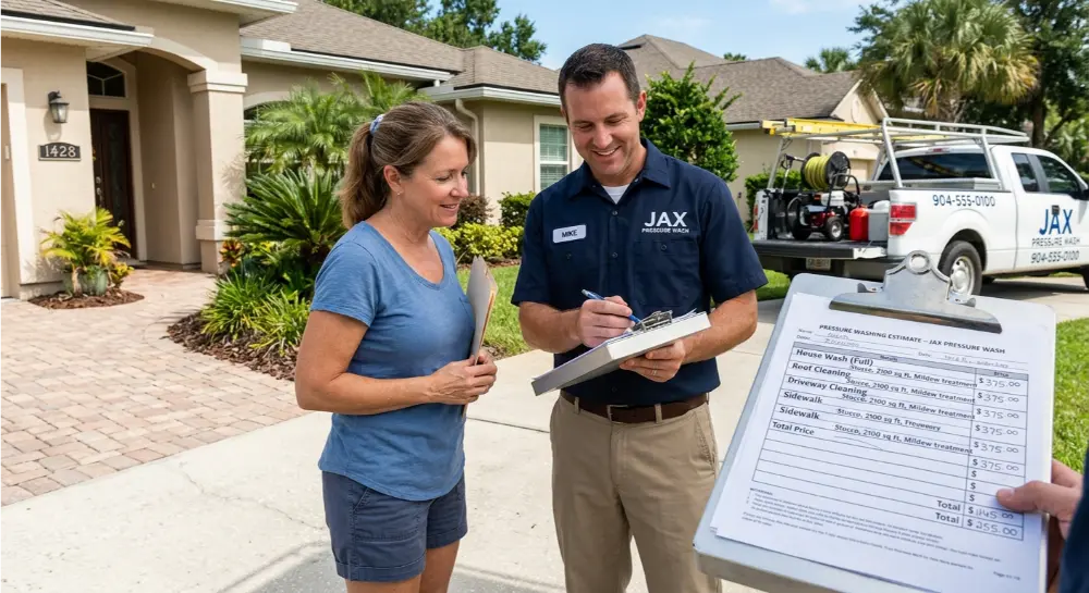 Homeowner reviewing written pressure washing estimate Jacksonville FL