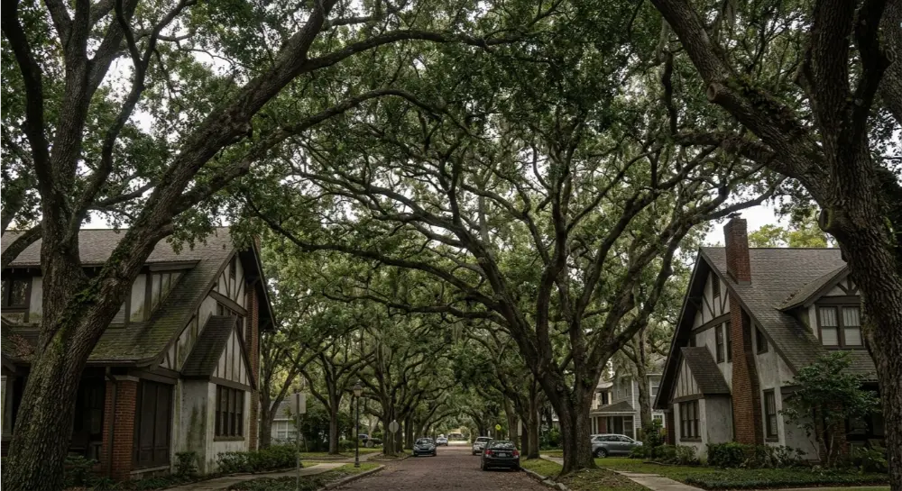 Live oak canopy over Riverside Avenue Jacksonville FL — biological growth pressure on historic homes