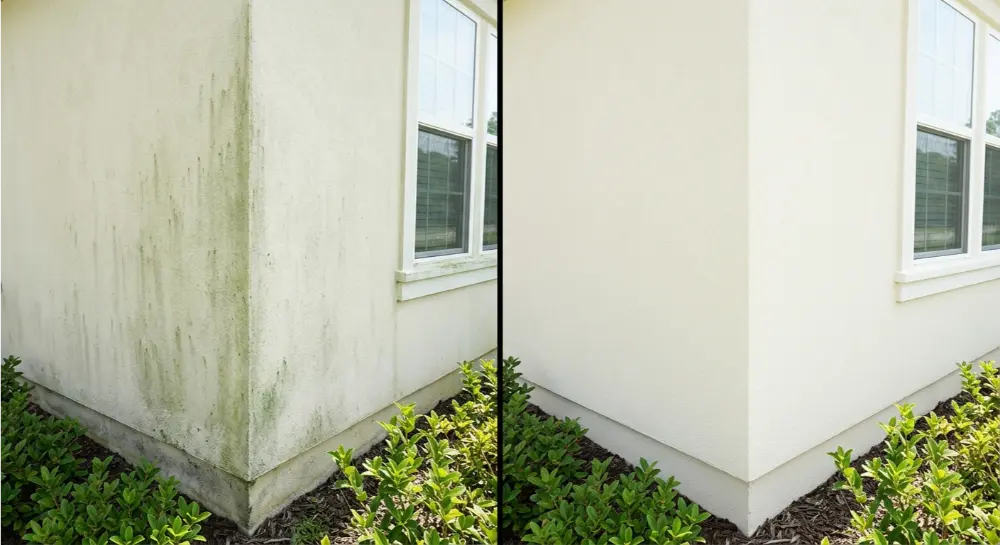 Tile roof Gloeocapsa magma soft wash before after — Nocatee FL 32081
